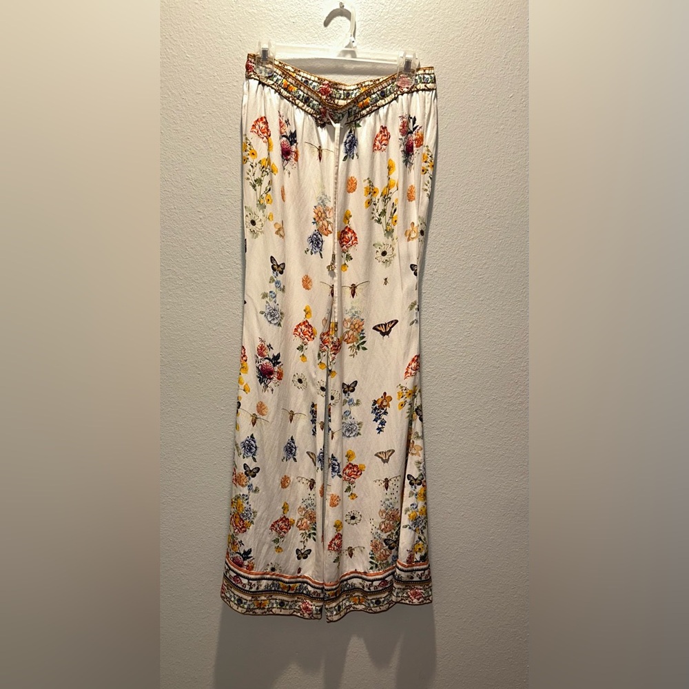 Camilla “Queens Bee Hive” Cream Linen Floral Print Wide-Leg Lounge Pants M - Picture 4 of 12